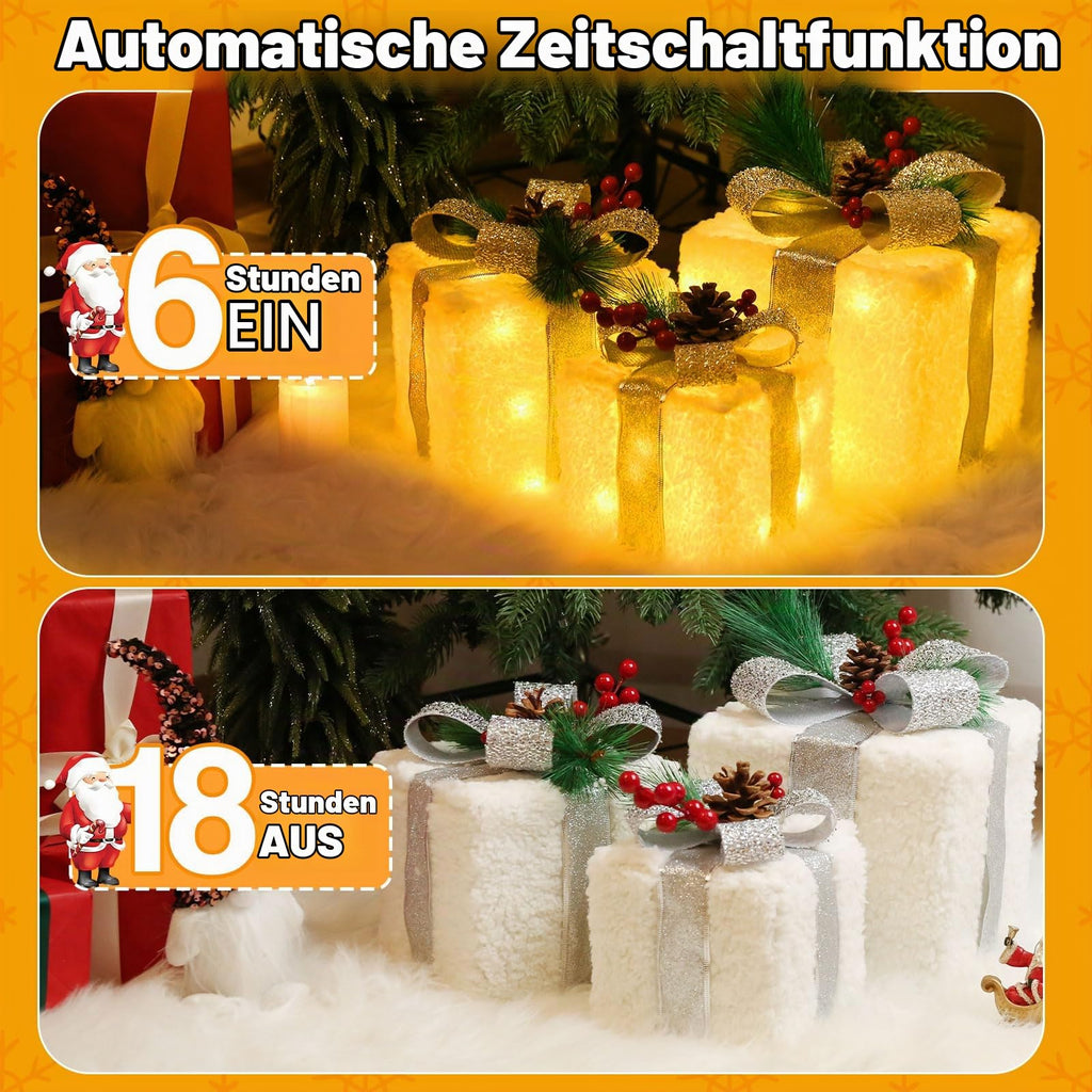 Quntis 3 Set LED Geschenkbox Weihnachtsdeko Innen Aussen 60 warmweiße LEDs