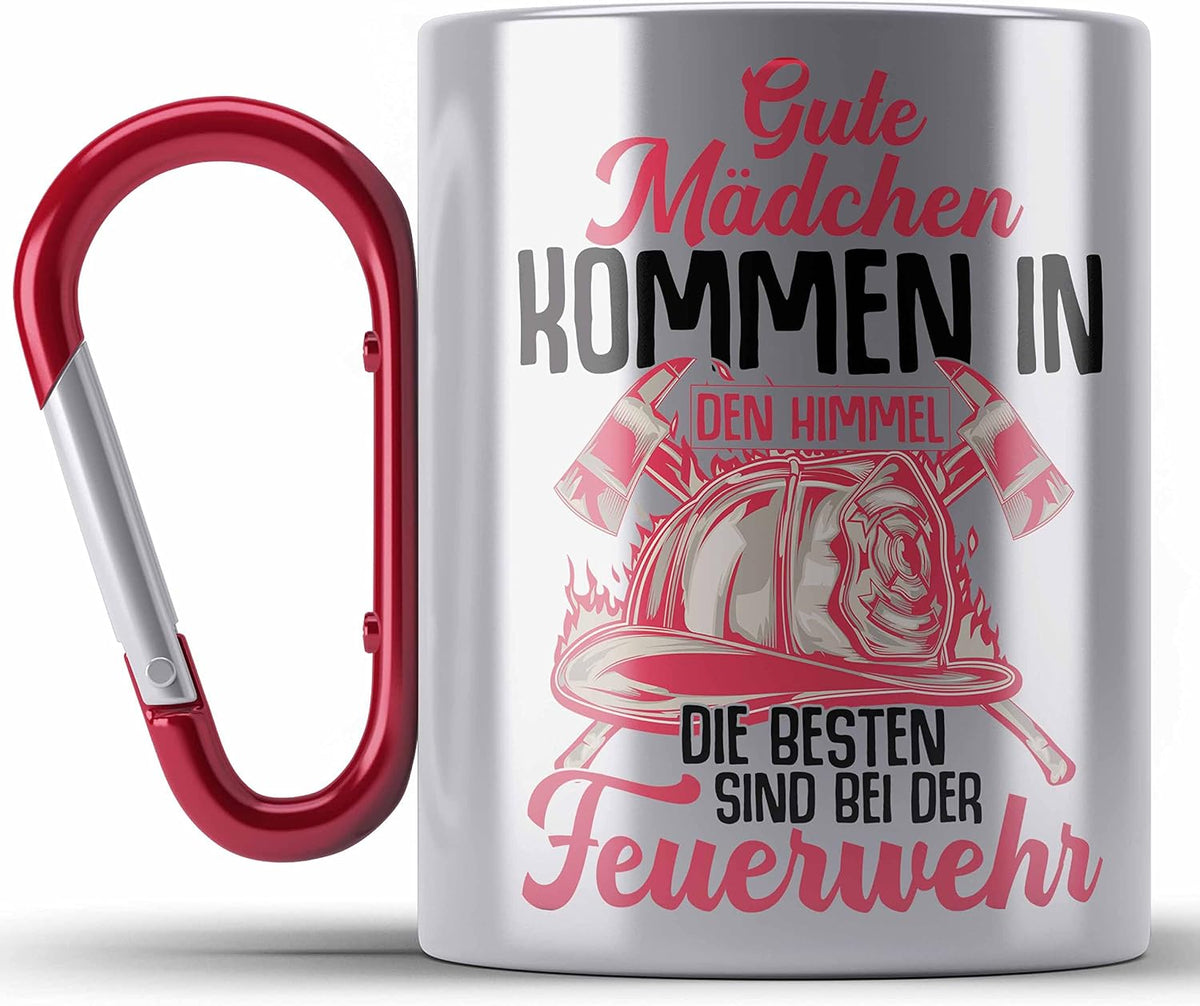 Trendation - Feuerwehr Frau Edelstahl Tasse Karabiner Geschenk Frauen Feuerwehrfrauen Spruch Geschenkidee (Rot)