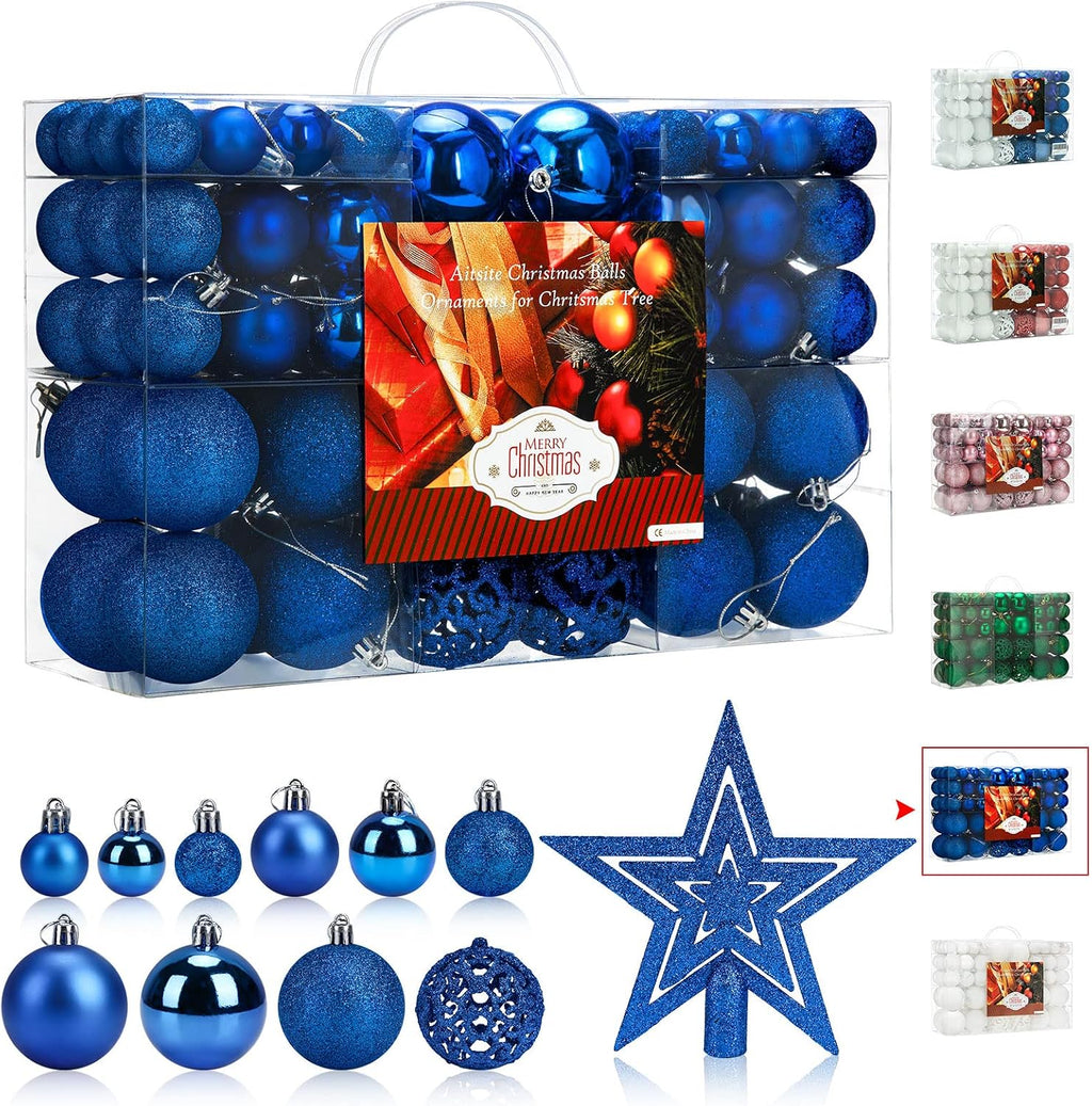 Aitsite 101 Stück Christbaumkugeln Blau Weihnachtskugeln 6CM/4 cm/2 cm Kunststoff Christbaumschmuck Wandbehang Ornamente Weihnachtsbaum Kugeln Flitter Tür Dekorationen Festival Dekore