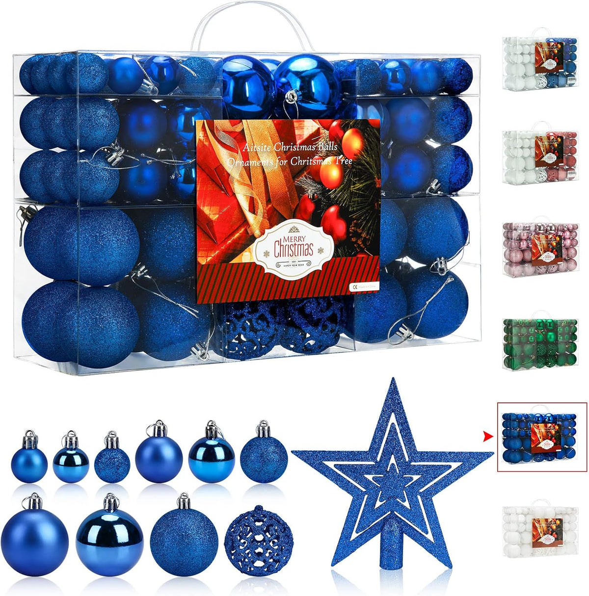 Aitsite 101 Stück Christbaumkugeln Blau Weihnachtskugeln 6CM/4 cm/2 cm Kunststoff Christbaumschmuck Wandbehang Ornamente Weihnachtsbaum Kugeln Flitter Tür Dekorationen Festival Dekore