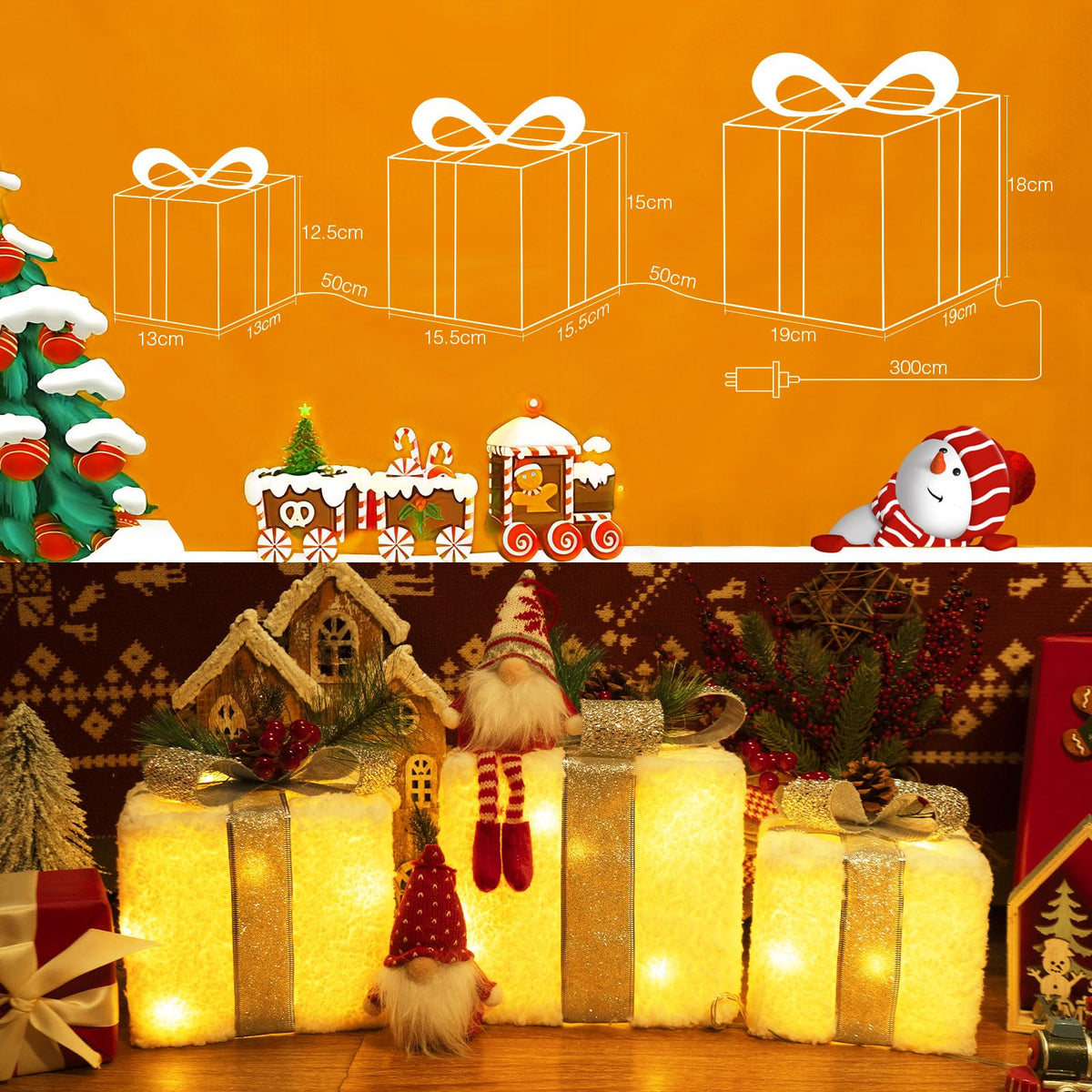 Quntis 3 Set LED Geschenkbox Weihnachtsdeko Innen Aussen 60 warmweiße LEDs