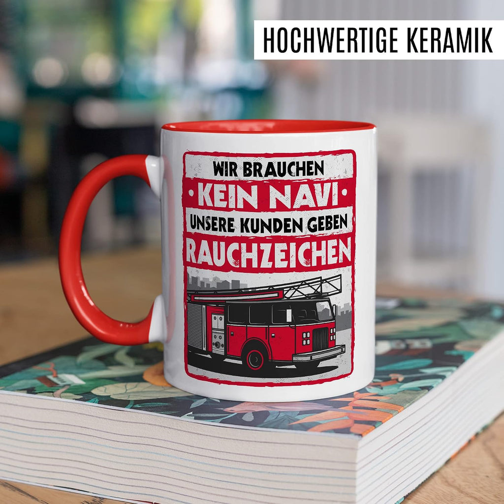 Feuerwehr Tasse Rauchzeichen Geschenkidee Witz Kaffeetasse mit lustigen Spruch Geschenk für Feuerwehrmann Kaffeebecher Feuerwehrauto Becher (Weiß & Rot)