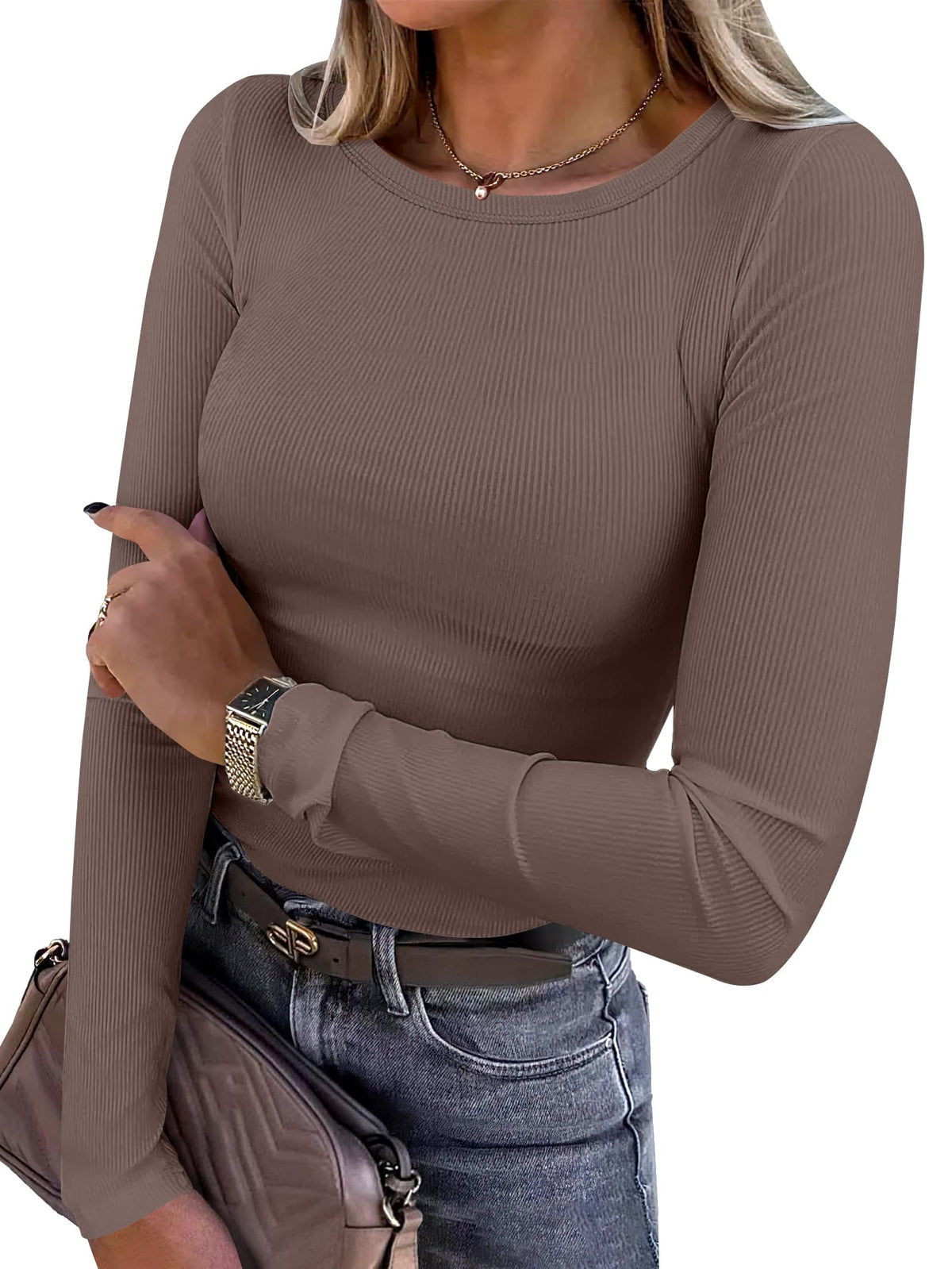 ANRABESS Women Long Sleeve Shirts Ribbed Fitted Tops