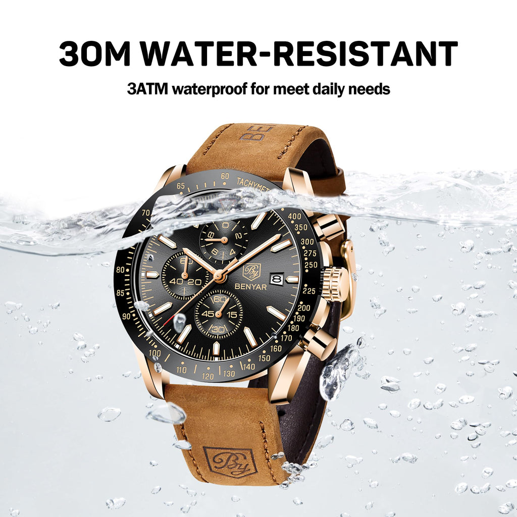 BENYAR Uhren Herren Analog Quarz Chronograph Herrenuhren Wasserdicht Datum Lederband Armbanduhr Lässig Business-Kleid fur Männer Klassische Elegantes Geschenk