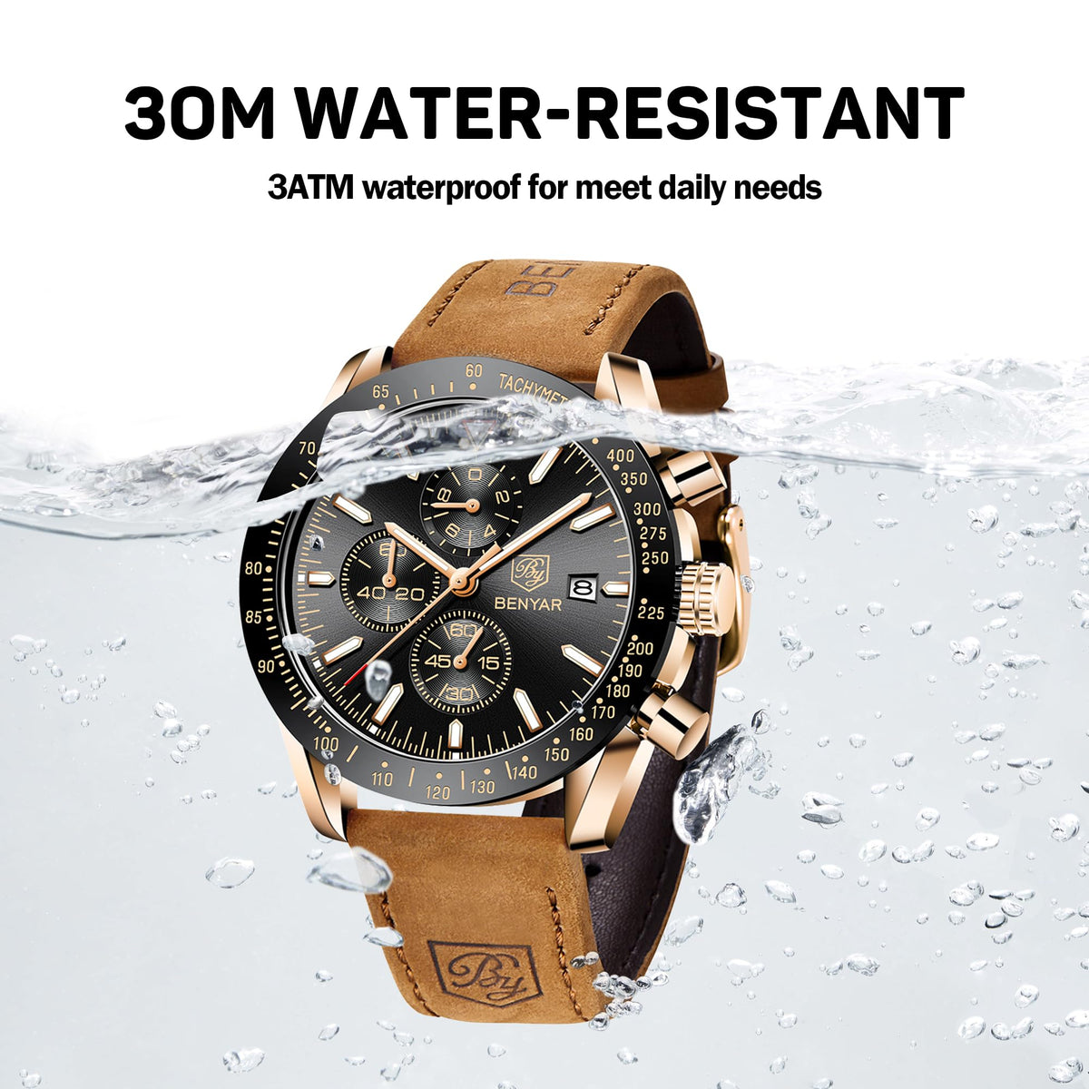 BENYAR Uhren Herren Analog Quarz Chronograph Herrenuhren Wasserdicht Datum Lederband Armbanduhr Lässig Business-Kleid fur Männer Klassische Elegantes Geschenk