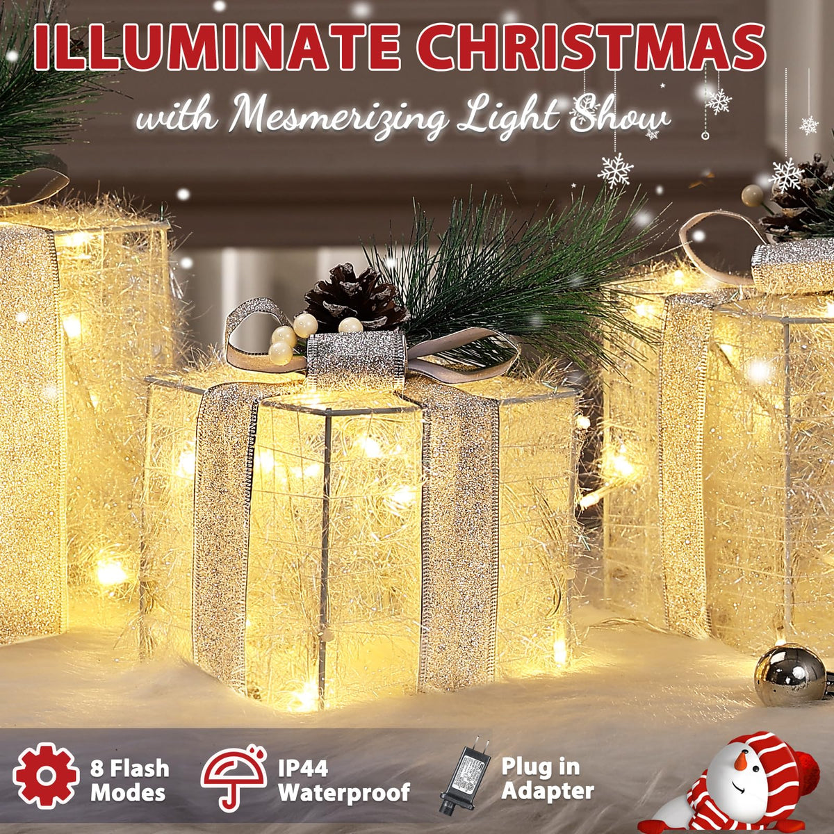 Quntis 3 Set LED Geschenkbox Weihnachtsdeko Innen Aussen 60 warmweiße LEDs