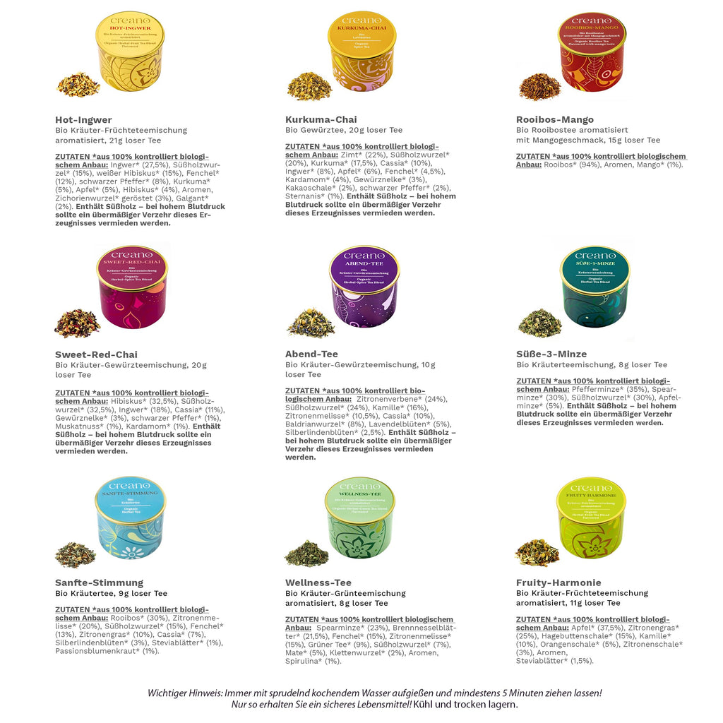 Creano Premium Bio Kräutertee Geschenkset „ORGANIC HERBAL TEA“ - 9 Pyramiden-Teebeutel in 9 unterschiedlichen Sorten - 22,5g - NEUHEIT 2024*