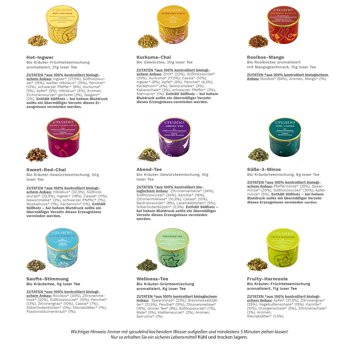 Creano Premium Bio Kräutertee Geschenkset „ORGANIC HERBAL TEA“ - 9 Pyramiden-Teebeutel in 9 unterschiedlichen Sorten - 22,5g - NEUHEIT 2024*