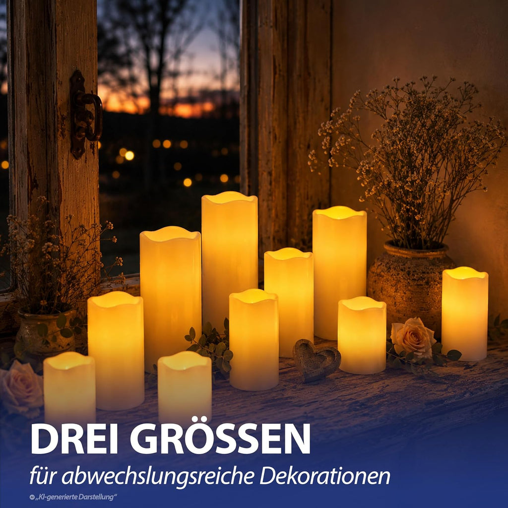 3er Set LED Kerzen Echtwachs-Optik Outdoor | 3 Größen Kunststoff elfenbein | Flackerfunktion warmweiß inkl. 5h Timer batteriebetrieben