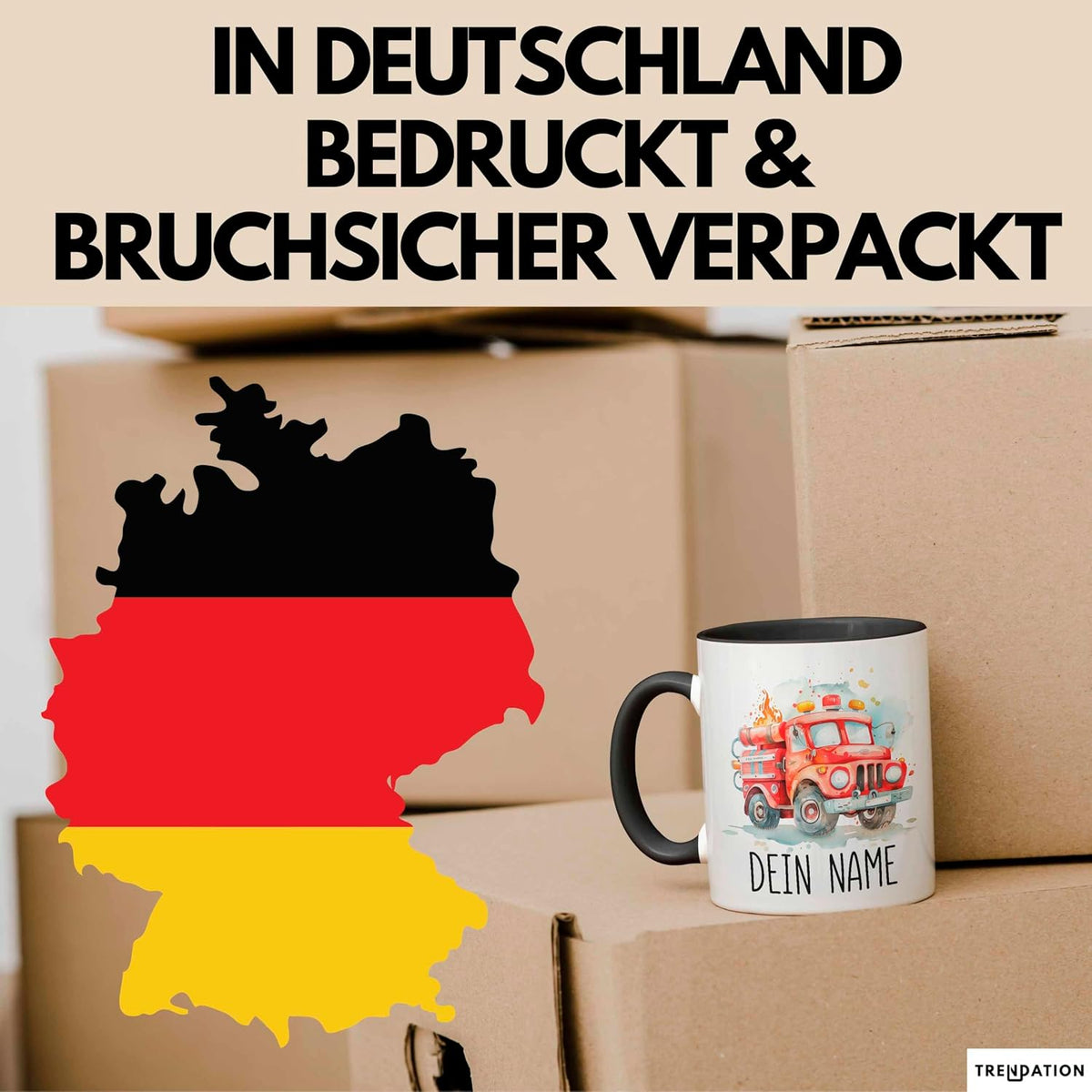 Feuerwehr Auto Tasse mit Namen – Personalisierte Tasse Geburtstag Geschenkidee süßes Feuerwehr Automotiv Namenstasse (Schwarz)