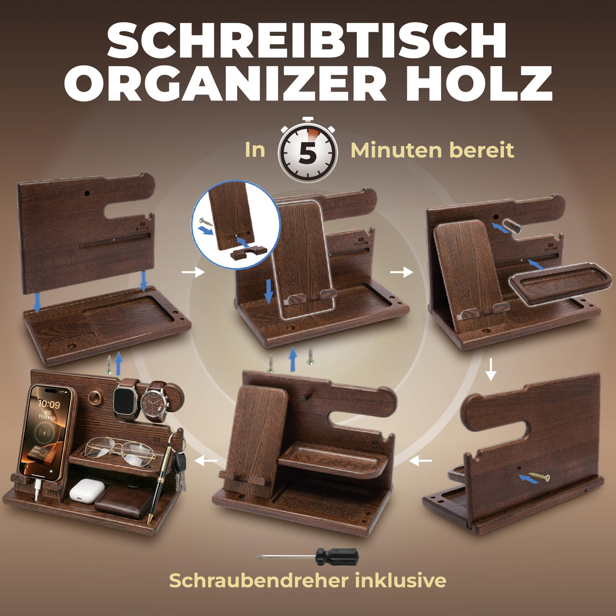 TESLYAR Organizer Schreibtisch Holz Handy Ladestation Männergeschenke Papa