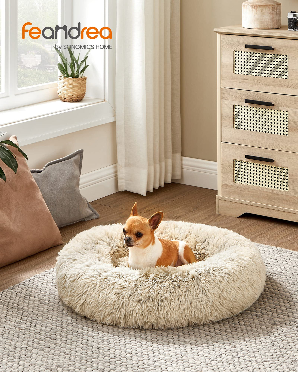 Feandrea Hundebett flauschig, waschbar, Langer Plüsch, 70 cm Durchmesser