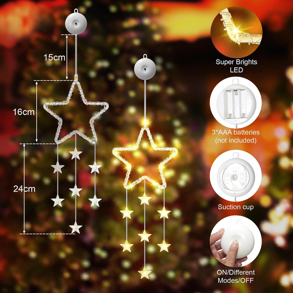 LED Sterne Weihnachtsbeleuchtung, 2 Stück Weihnachtsstern Fenster Lichterkette, Warmweiß Lichtervorhang Innen Batteriebetriebene mit Timer,8 Modi für Weihnachtsdeko Balkon Fest Party Hochzeit