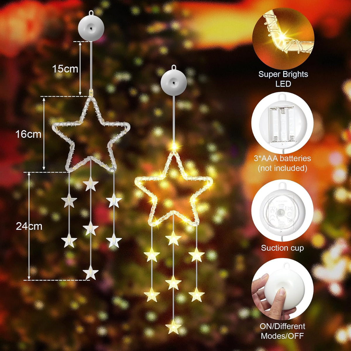 LED Sterne Weihnachtsbeleuchtung, 2 Stück Weihnachtsstern Fenster Lichterkette, Warmweiß Lichtervorhang Innen Batteriebetriebene mit Timer,8 Modi für Weihnachtsdeko Balkon Fest Party Hochzeit