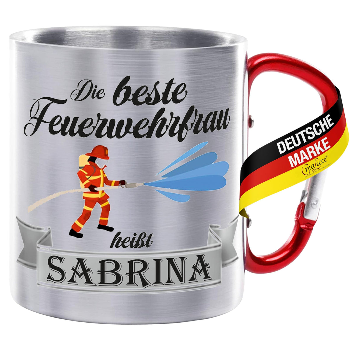 Crealuxe Edelstahltasse mit Karabiner - Der Beste Feuerwehrmann heißt Wunschname - 330ml, Tasse personalisiert, Kaffeetasse, Bürotasse, Metalltasse mit Name