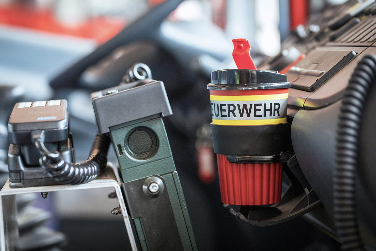 PACOTEX FEUERWEHR To-Go Coffee Becher rot mit gelb-silber-gelb Streifen in Feuerwehroptik, 350ml, mit griffiger Softmanchette