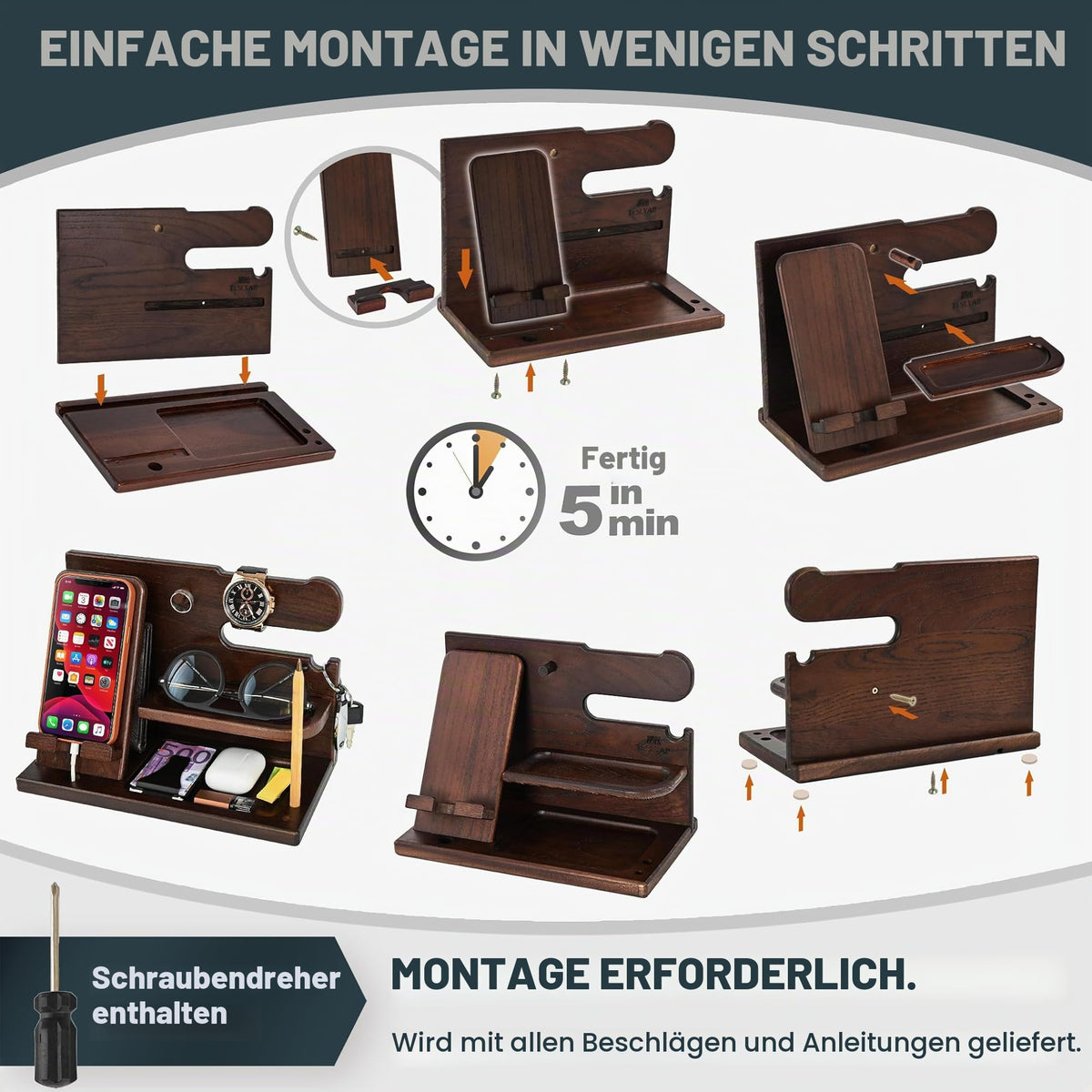 TESLYAR Organizer Schreibtisch Holz Handy Ladestation Männergeschenke Papa