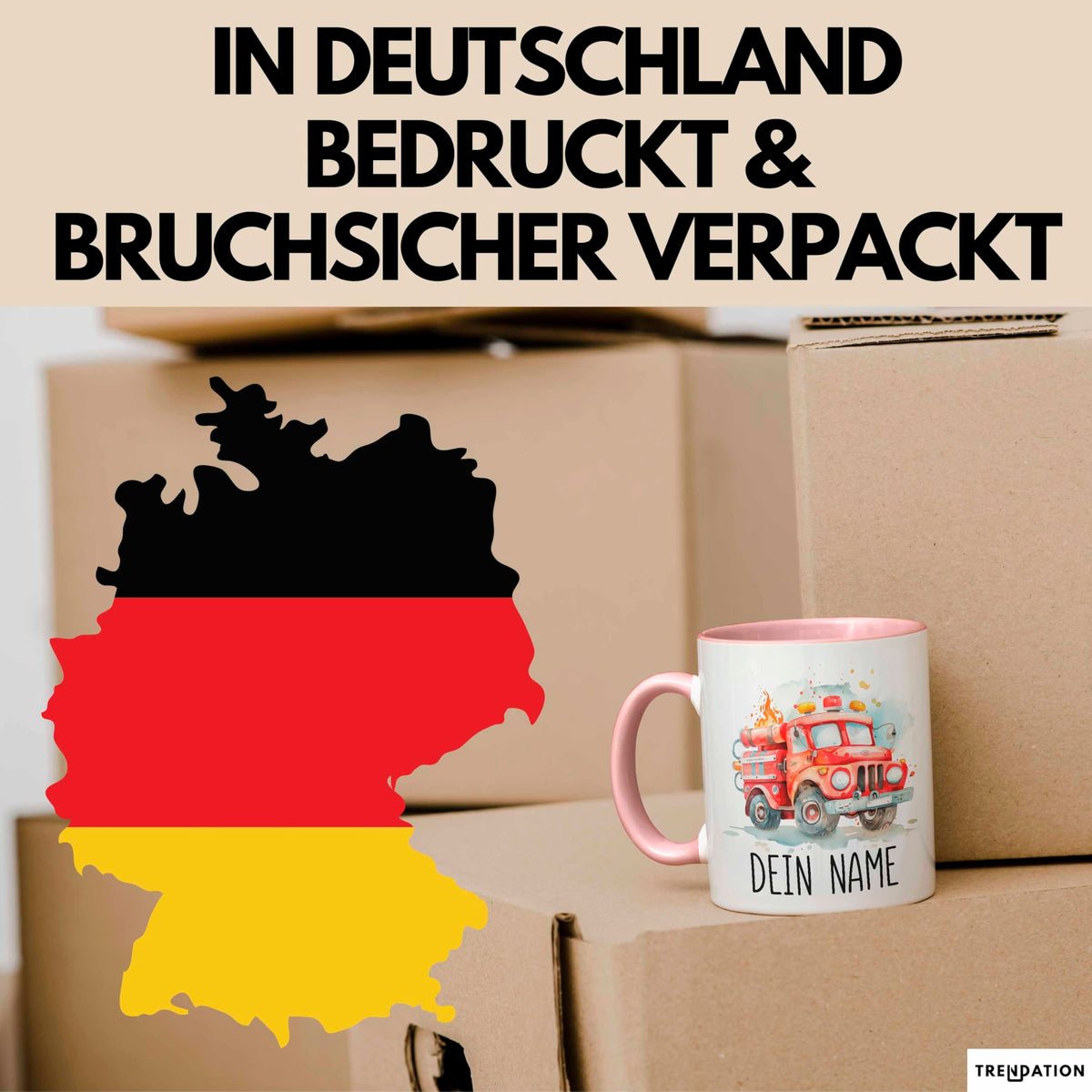 Feuerwehr Auto Tasse mit Namen – Personalisierte Tasse Geburtstag Geschenkidee süßes Feuerwehr Automotiv Namenstasse (Schwarz)