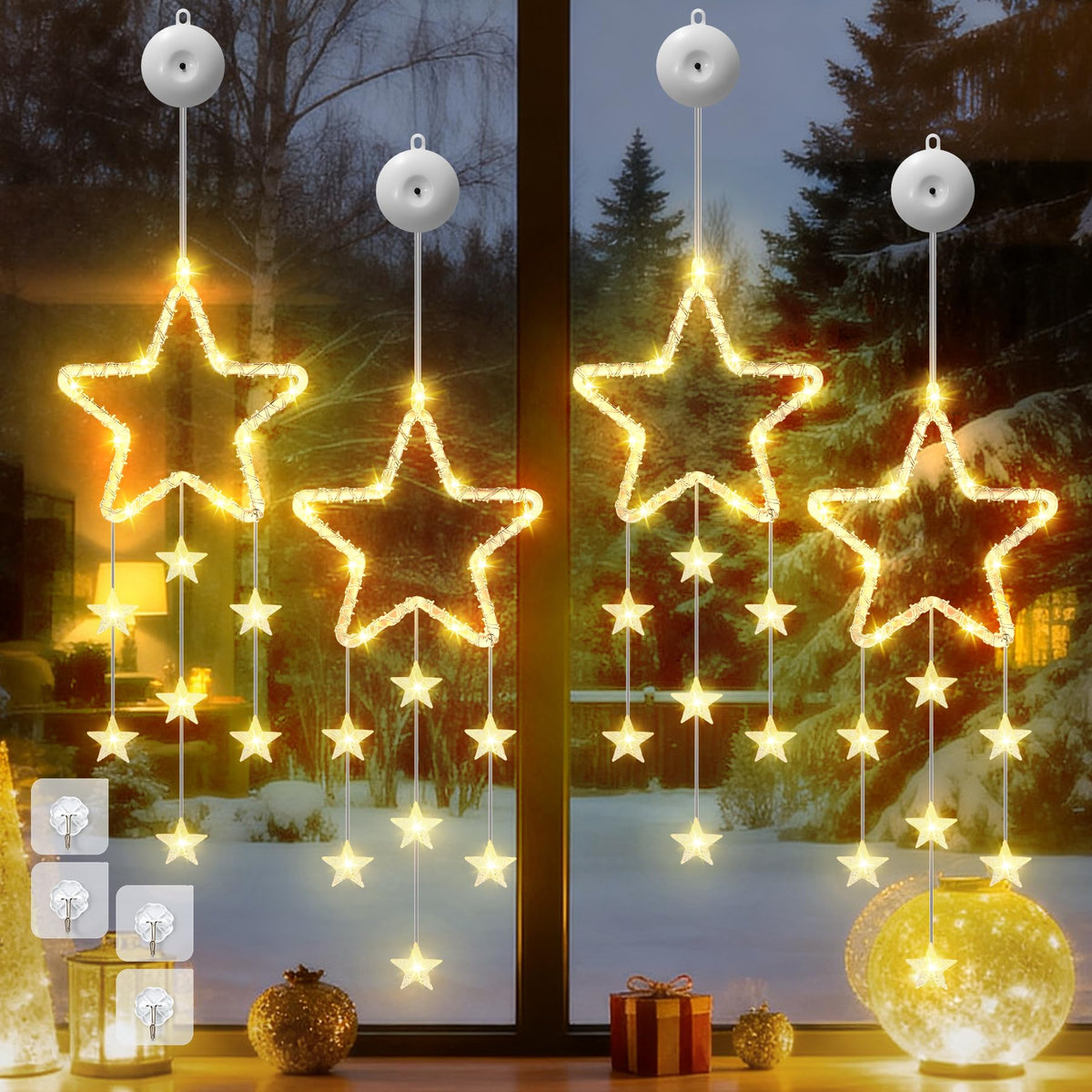 LED Sterne Weihnachtsbeleuchtung, 2 Stück Weihnachtsstern Fenster Lichterkette, Warmweiß Lichtervorhang Innen Batteriebetriebene mit Timer,8 Modi für Weihnachtsdeko Balkon Fest Party Hochzeit