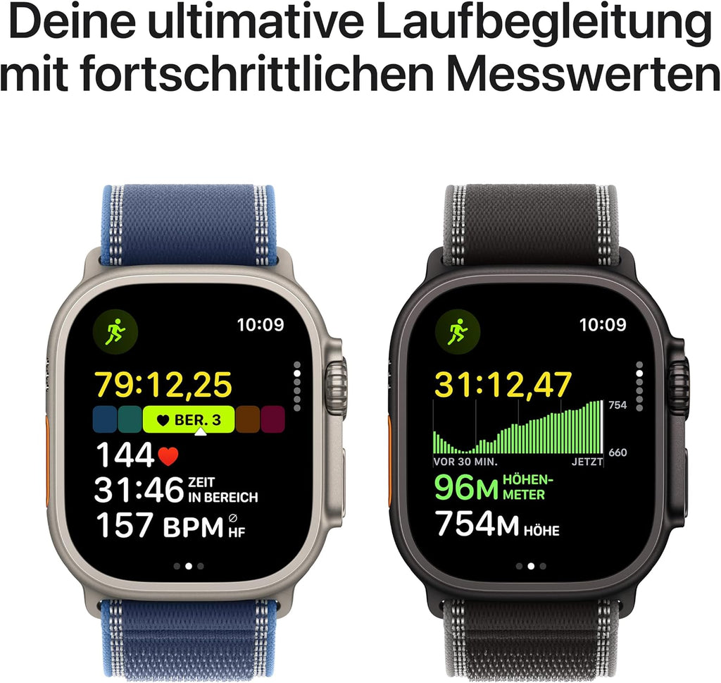 Apple Watch Ultra 3 GPS + Cellular 49 mm Premium Smartwatch für Lauftraining und Kombinationssport mit robustem Titangehäuse in Schwarz und Trail Loop in Schwarz/Kohlegrau (M/L)