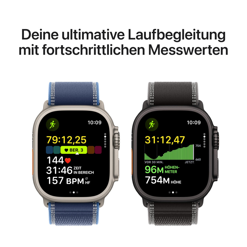 Apple Watch Ultra 3 GPS + Cellular 49 mm Premium Smartwatch für Lauftraining und Kombinationssport mit robustem Titangehäuse in Schwarz und Trail Loop in Schwarz/Kohlegrau (M/L)