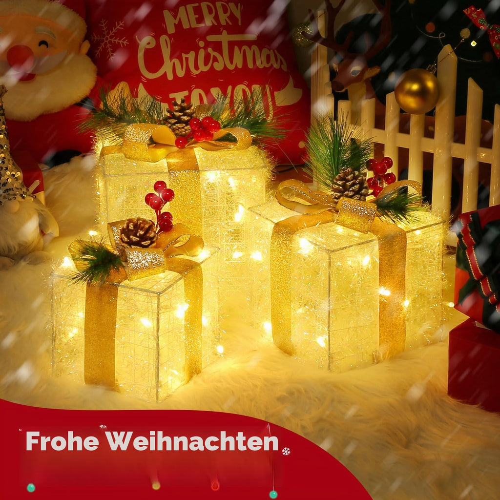 Quntis 3 Set LED Geschenkbox Weihnachtsdeko Innen Aussen 60 warmweiße LEDs
