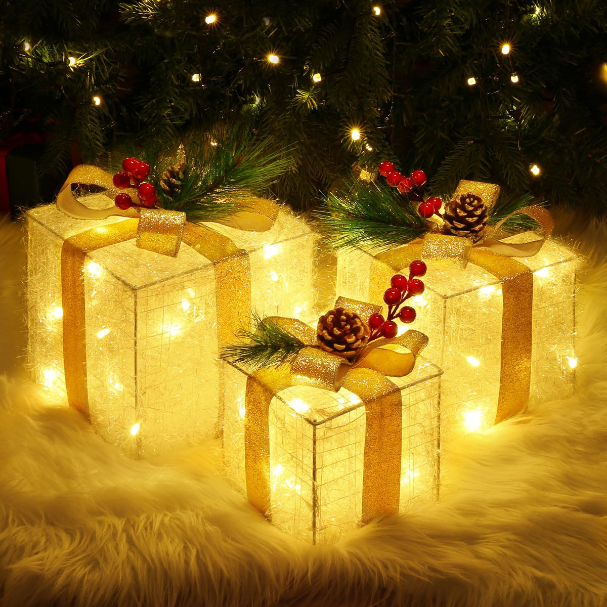 Quntis 3 Set LED Geschenkbox Weihnachtsdeko Innen Aussen 60 warmweiße LEDs