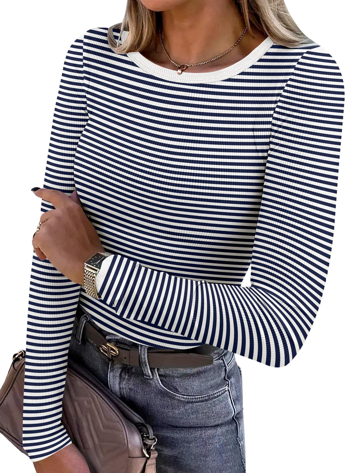 ANRABESS Women Long Sleeve Shirts Ribbed Fitted Tops