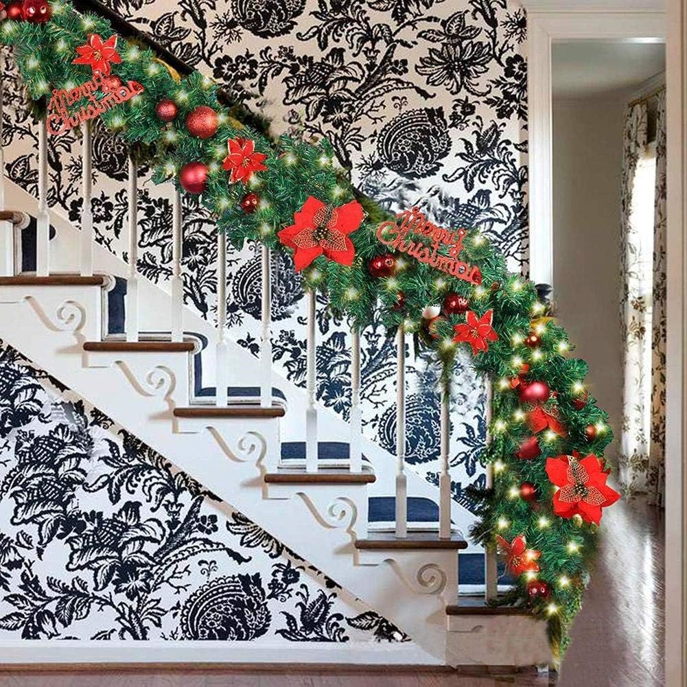 Queta Tannengirlande, Weihnachtsdekoration, Girlande mit Kugeln, Blumenkranz, Kugel mit LED-Licht, für Eingangstür, 270 cm (rot)