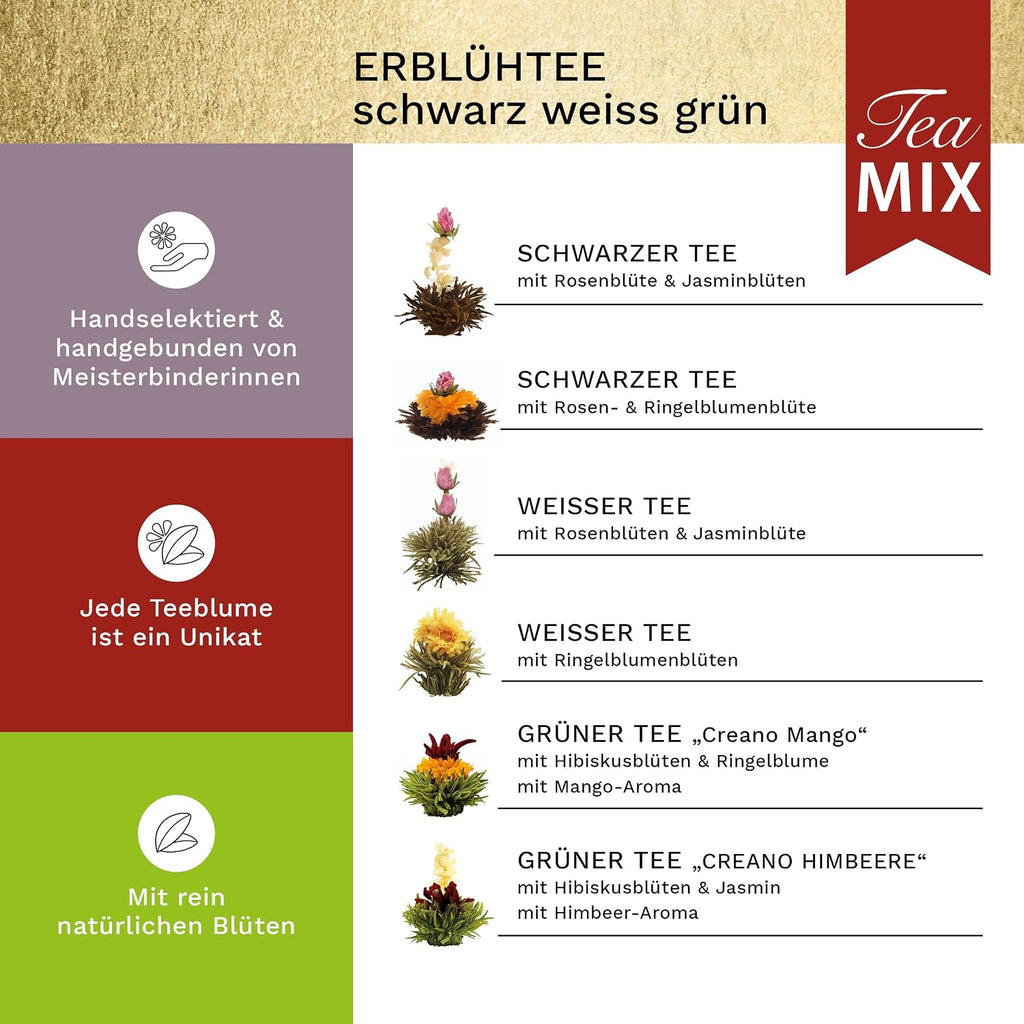 Creano 6 Teeblumen Geschenkbox weißer, schwarzer & grüner Tee in edler Magnetbox mit Silberprägung - 6 verschiedene Sorten - Geschenk zu Weihnachten