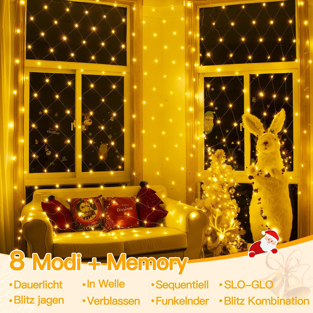Ollny Lichternetz Außen 3x2m, 200 LED Warmweiß mit 8 Modi, Timer, IP67