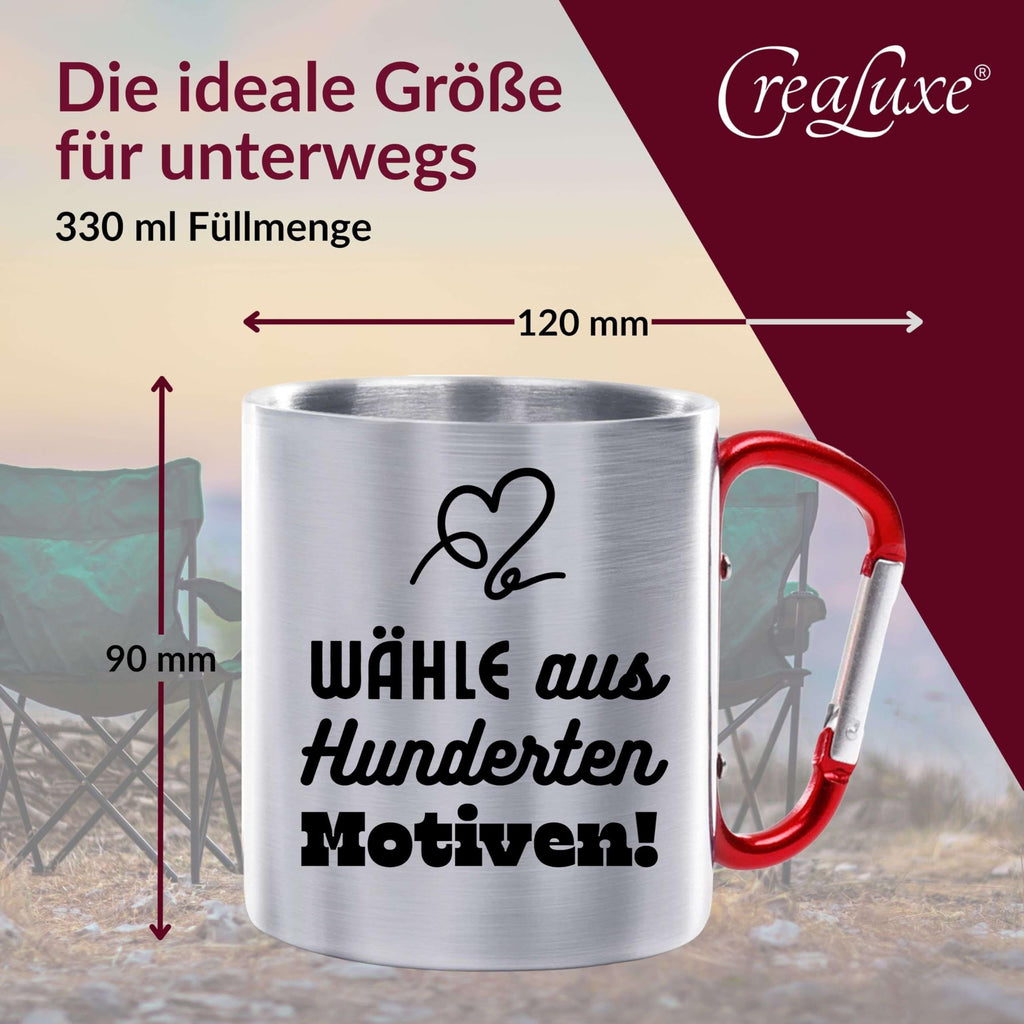 Crealuxe Edelstahltasse mit Karabiner - Der Beste Feuerwehrmann heißt Wunschname - 330ml, Tasse personalisiert, Kaffeetasse, Bürotasse, Metalltasse mit Name