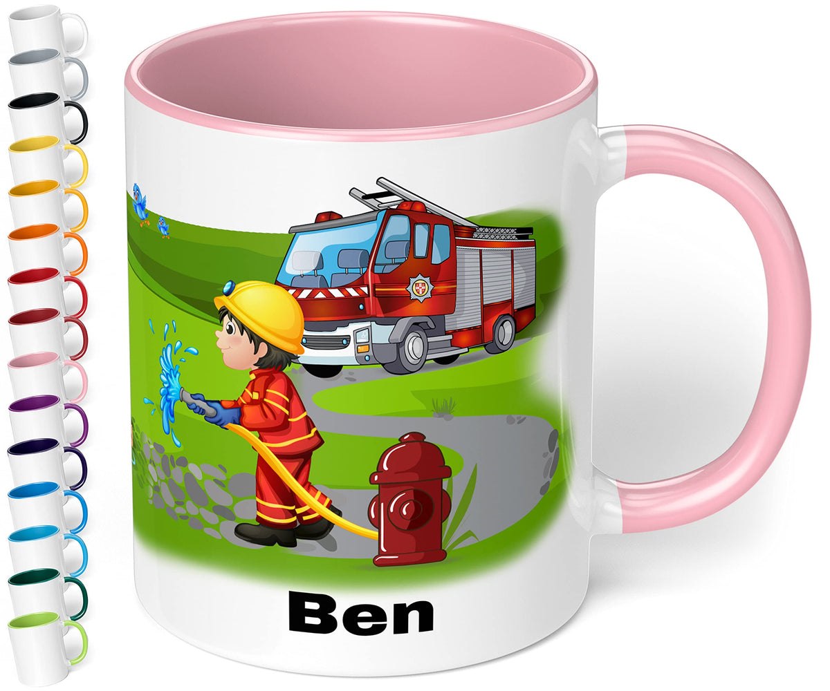 Tasse mit Namen für Kinder Feuerwehrmann – Kindertasse personalisiert – Feuerwehr Kinderbecher Trinkbecher für Jungen und Mädchen - rundum bedruckt – Geschenk zu Weihnachten, Geburtstag (Rot)