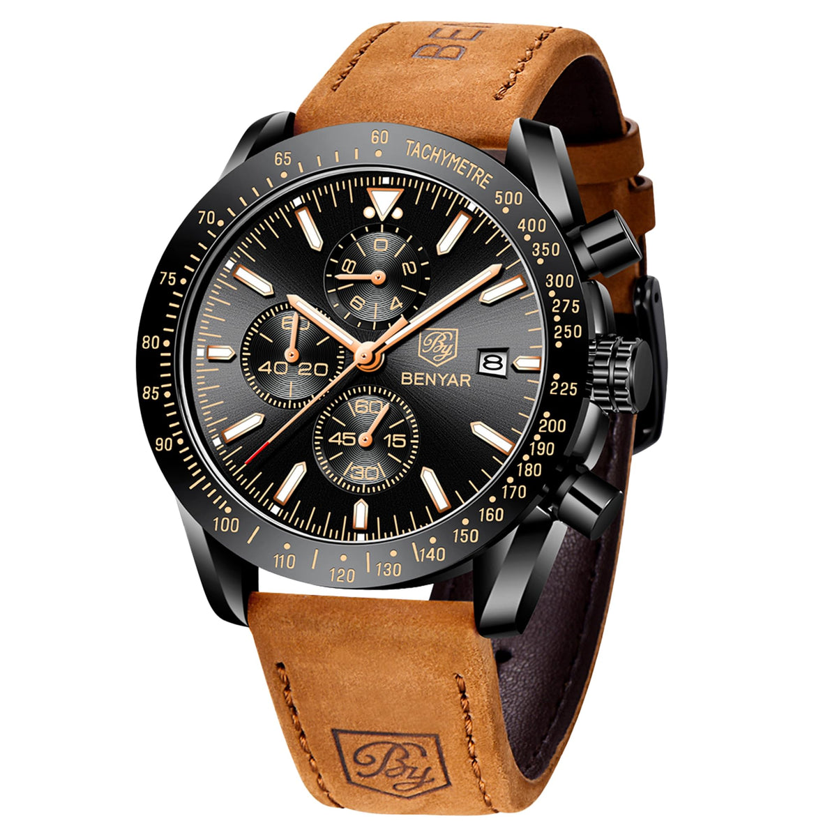 BENYAR Uhren Herren Analog Quarz Chronograph Herrenuhren Wasserdicht Datum Lederband Armbanduhr Lässig Business-Kleid fur Männer Klassische Elegantes Geschenk
