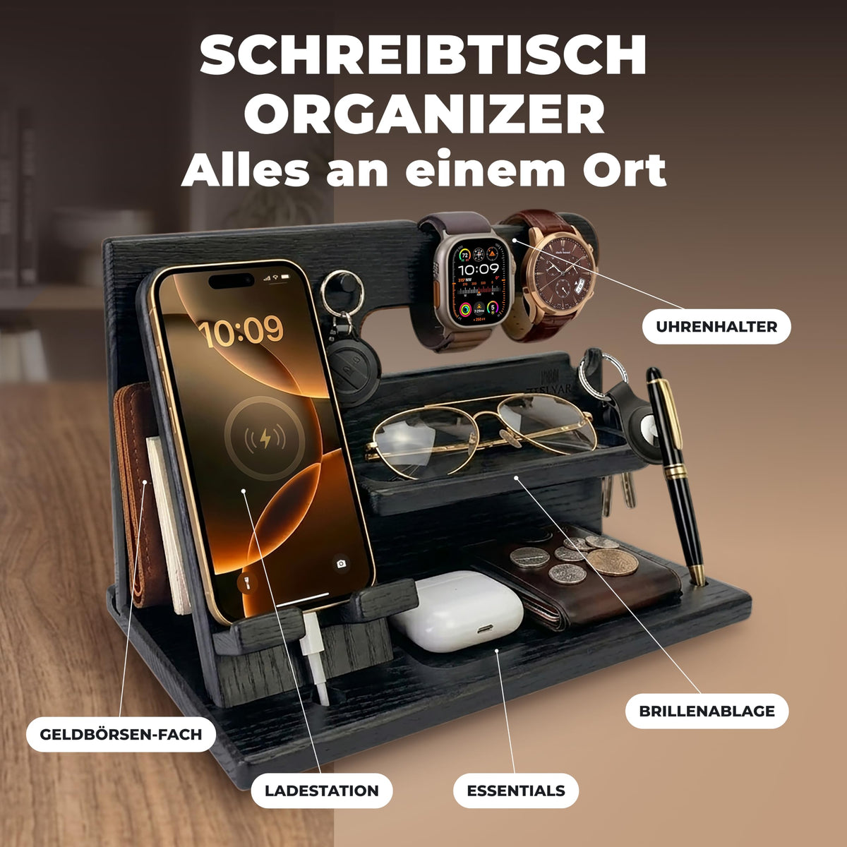 TESLYAR Organizer Schreibtisch Holz Handy Ladestation Männergeschenke Papa