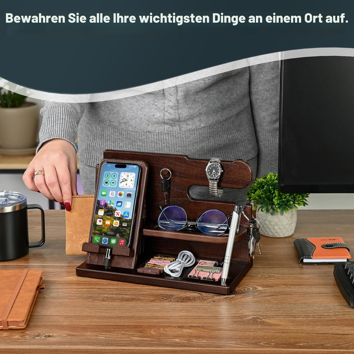 TESLYAR Organizer Schreibtisch Holz Handy Ladestation Männergeschenke Papa