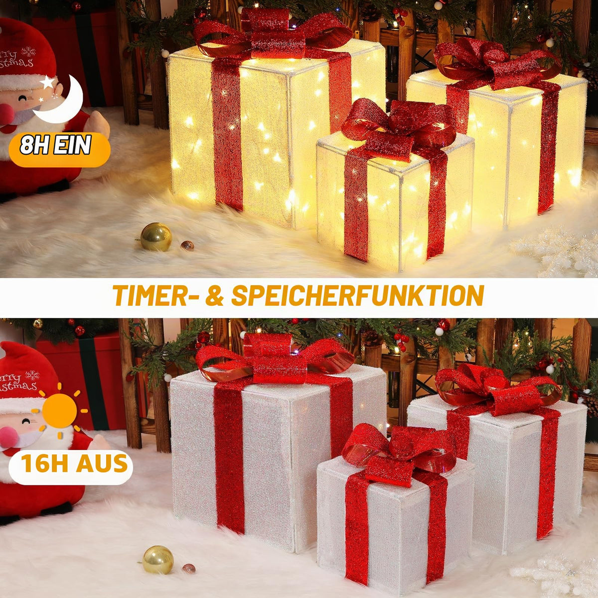 Quntis 3 Set LED Geschenkbox Weihnachtsdeko Innen Aussen 60 warmweiße LEDs