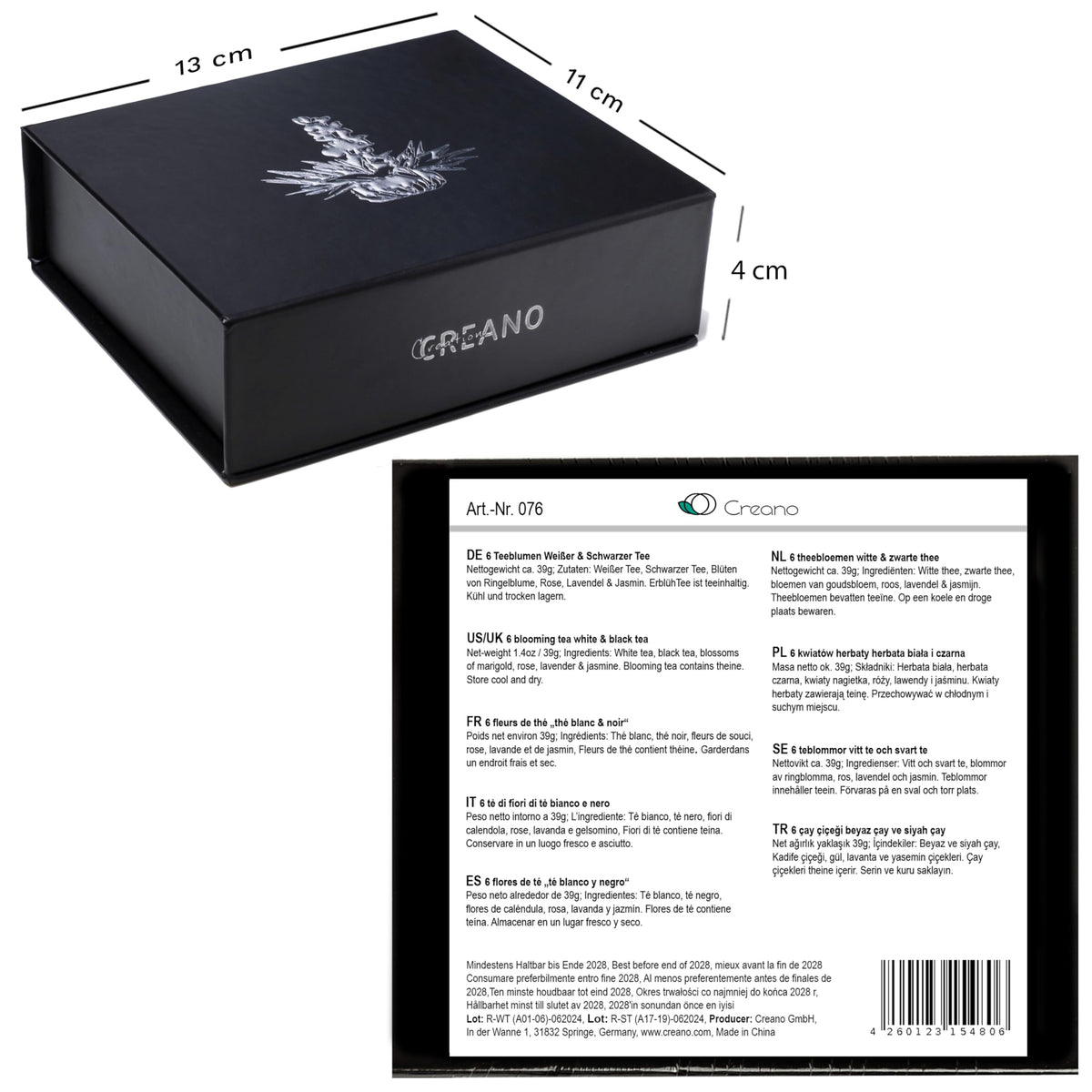 Creano 6 Teeblumen Geschenkbox weißer, schwarzer & grüner Tee in edler Magnetbox mit Silberprägung - 6 verschiedene Sorten - Geschenk zu Weihnachten