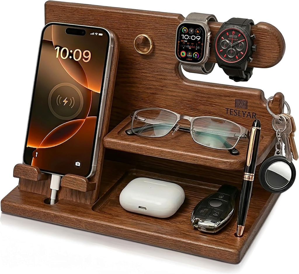 TESLYAR Organizer Schreibtisch Holz Handy Ladestation Männergeschenke Papa