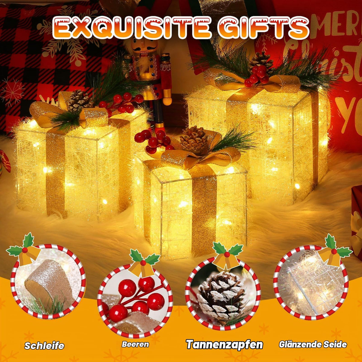 Quntis 3 Set LED Geschenkbox Weihnachtsdeko Innen Aussen 60 warmweiße LEDs
