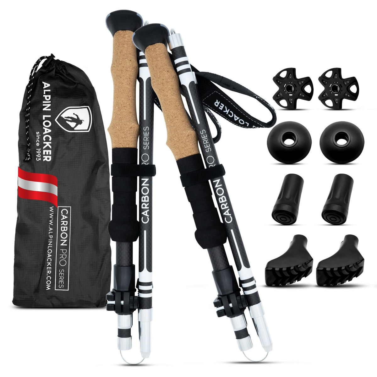 ALPIN LOACKER Wanderstöcke faltbar Carbon oder Aluminium mit Korkgriff I Nordic Walking Stöcke Damen & Herren I Leichte Faltbare Trekkingstöcke Teleskop für Bergsport
