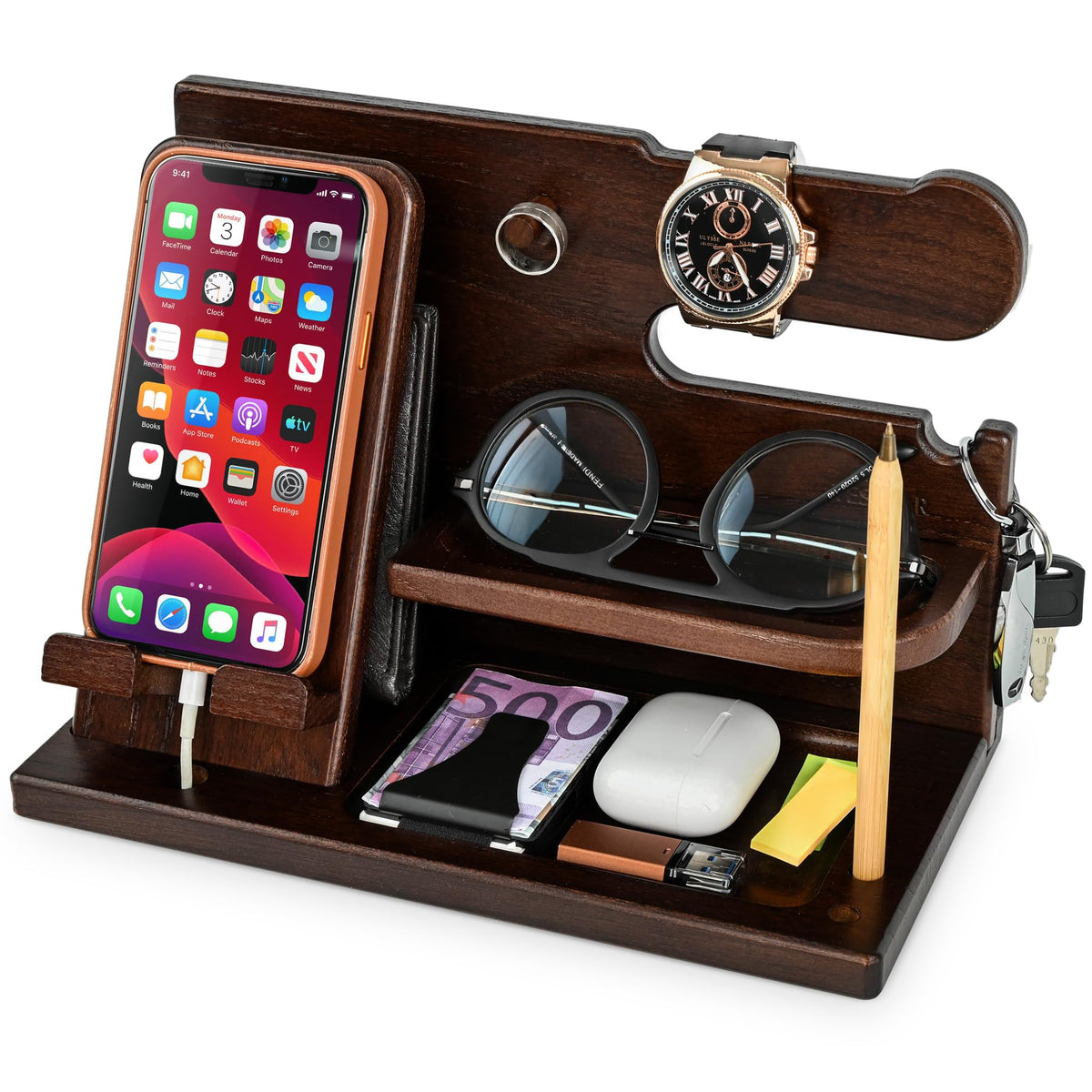 TESLYAR Organizer Schreibtisch Holz Handy Ladestation Männergeschenke Papa