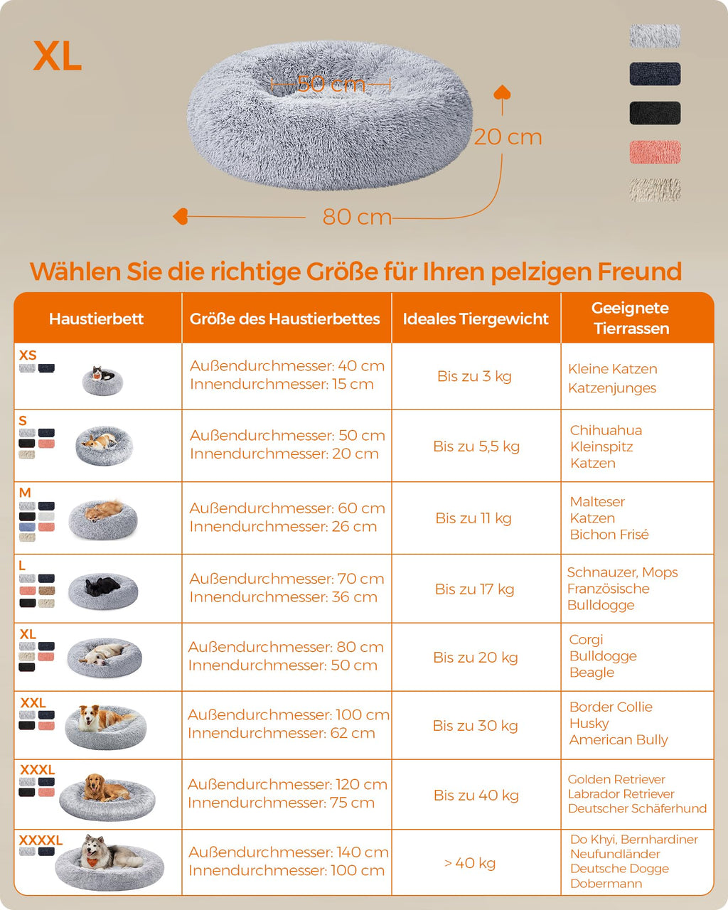 Feandrea Hundebett flauschig, waschbar, Langer Plüsch, 70 cm Durchmesser