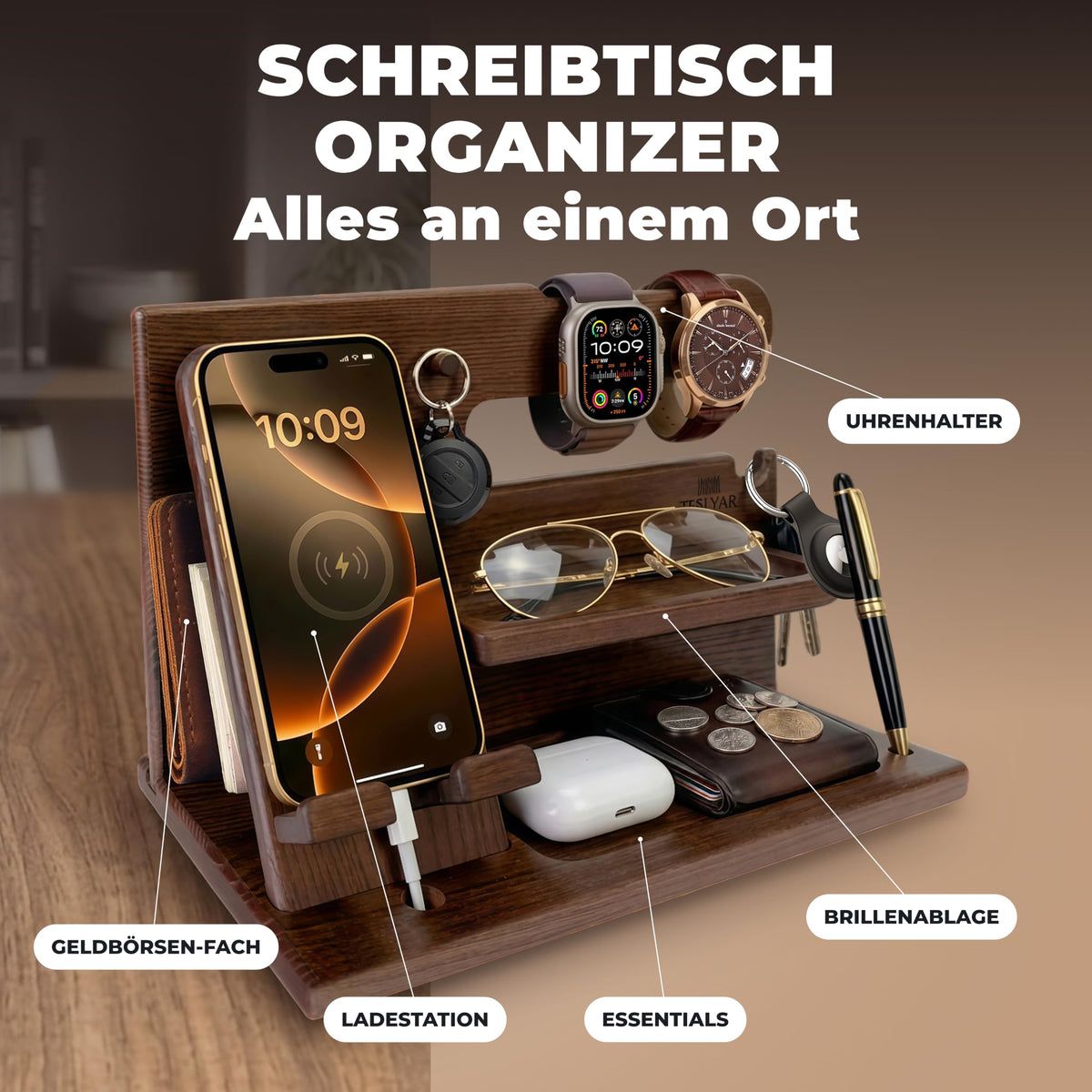 TESLYAR Organizer Schreibtisch Holz Handy Ladestation Männergeschenke Papa
