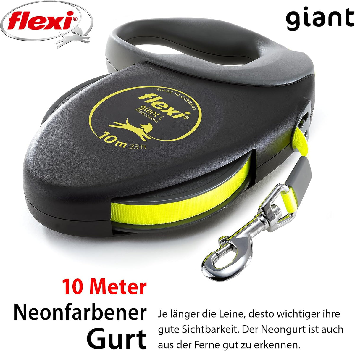 flexi® Giant L Hunde Roll-Leine, 10m Gurt, schwarz/neon-gelb