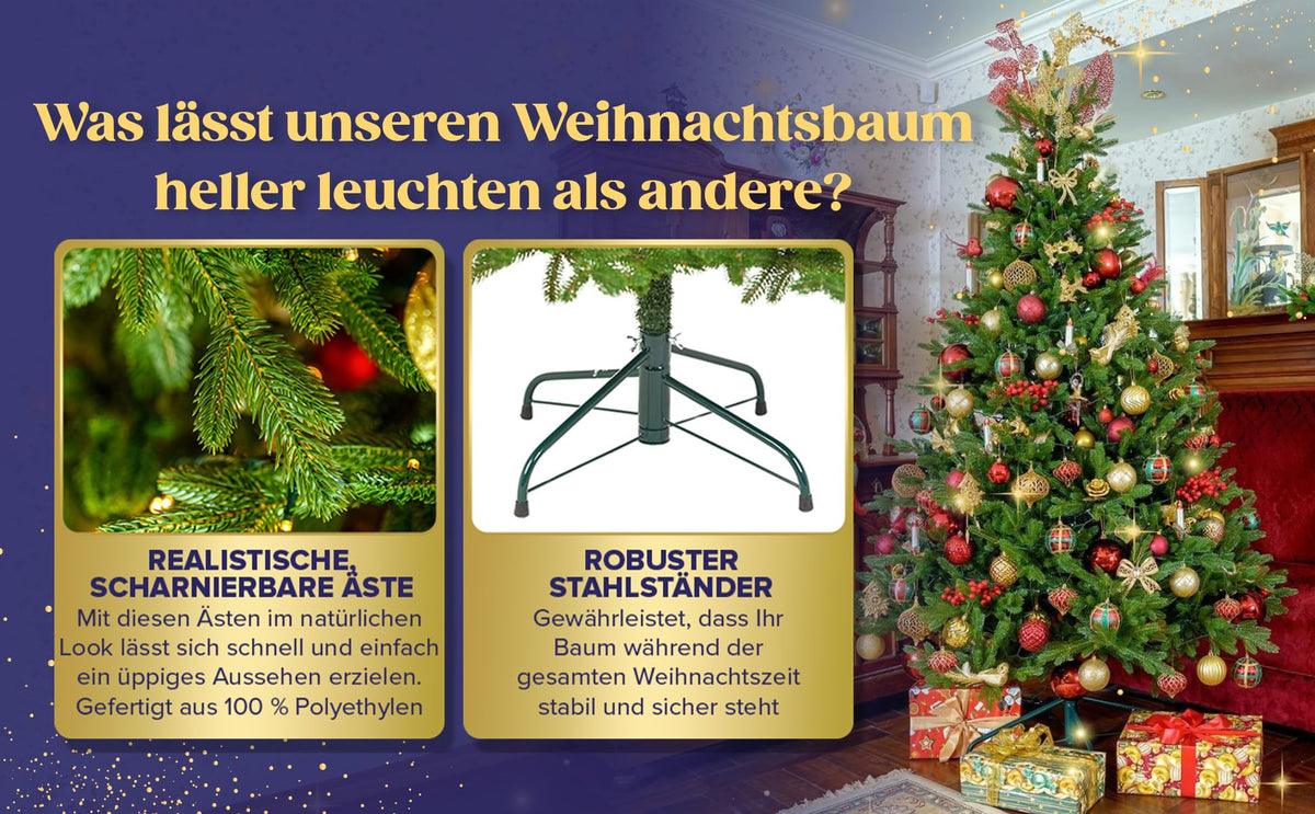 EveXmas Adele Künstlicher Weihnachtsbaum 185 cm, 591 Zweige, 100% PE Spritzguss – Christbaum und Tannenbaum grün, Nordmanntanne Optik, wie echt, inkl. Metallständer, Aufbewahrungstasche und Baumkorb