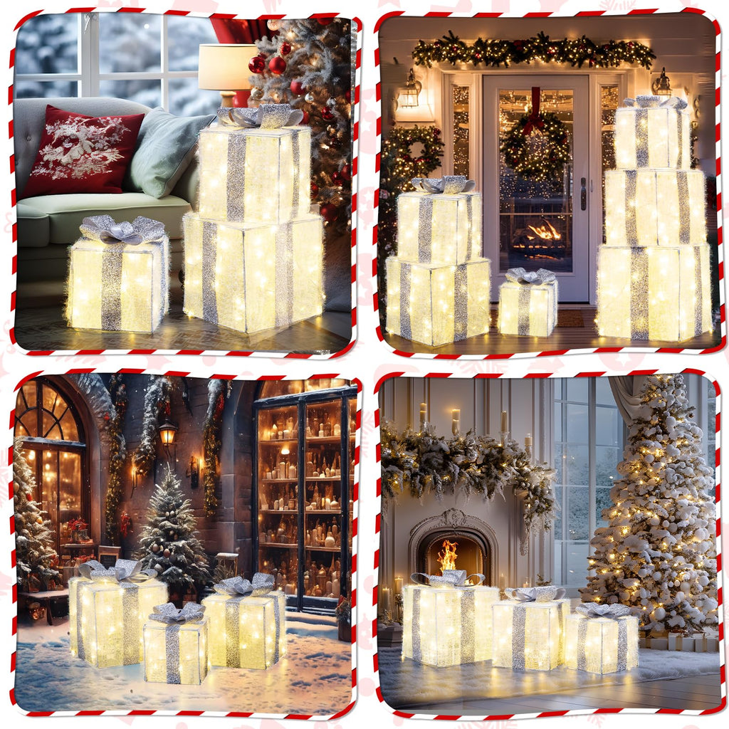 Quntis 3 Set LED Geschenkbox Weihnachtsdeko Innen Aussen 60 warmweiße LEDs