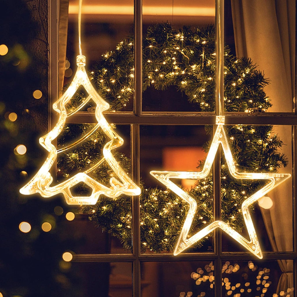 Jsdoin Stern Weihnachtsbaum Weihnachtsbeleuchtung, LED Weihnachtsdeko Fenster Lichter, Beleuchtet mit Batteriebetriebene, Timer, Lichterkette für Weihnachten Deko, Balkon (Stern und Weihnachtsbaum)