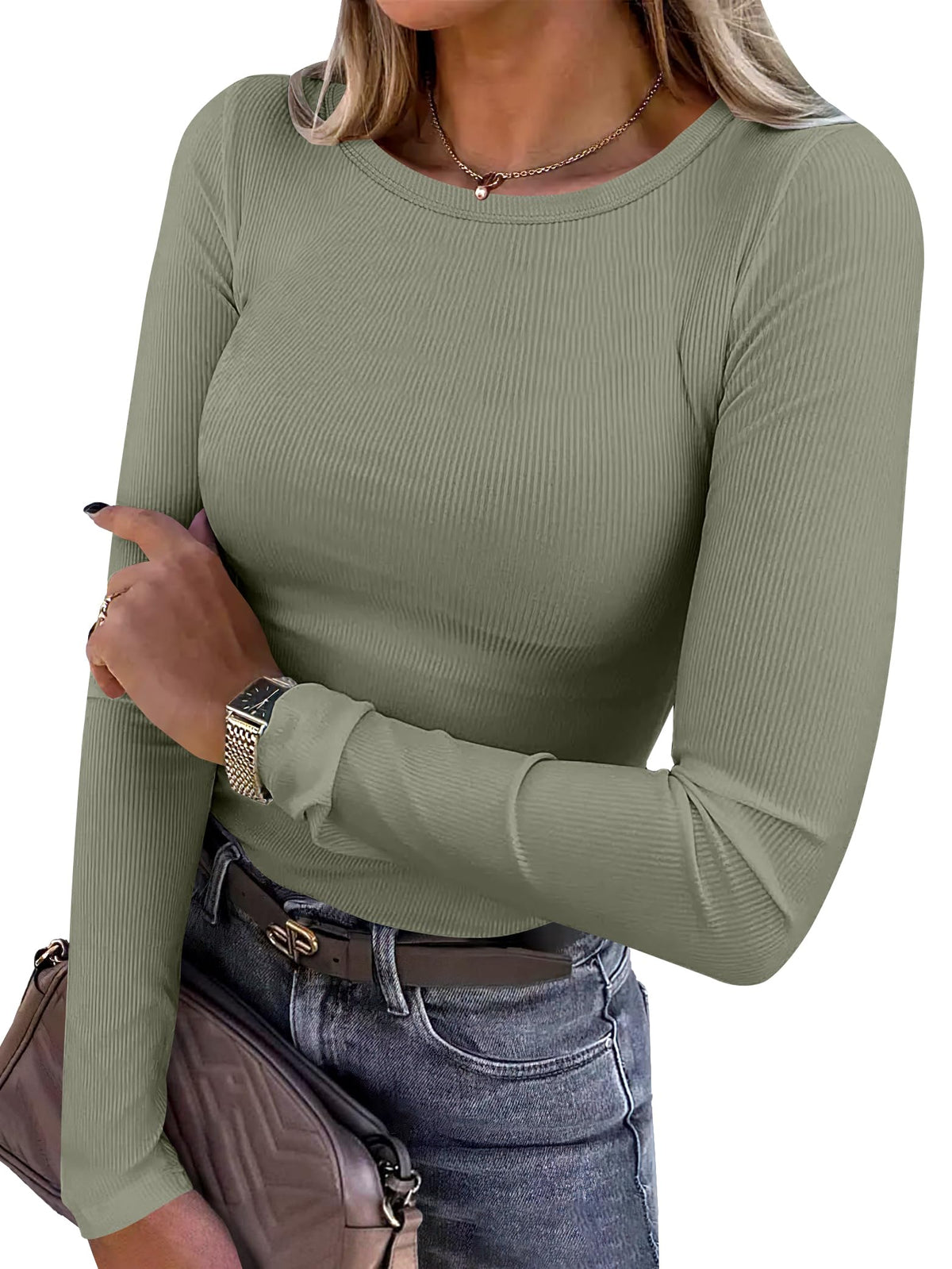 ANRABESS Women Long Sleeve Shirts Ribbed Fitted Tops