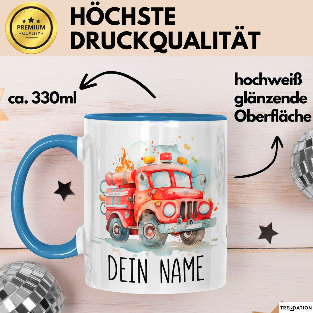 Feuerwehr Auto Tasse mit Namen – Personalisierte Tasse Geburtstag Geschenkidee süßes Feuerwehr Automotiv Namenstasse (Schwarz)